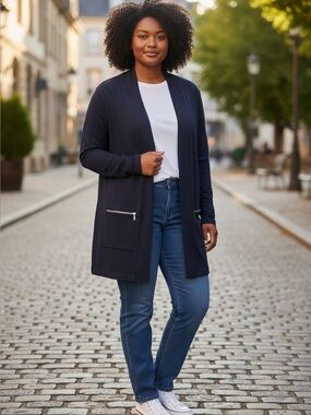 Premise Navy Knit Cardigan with gold tone zipper pocket new with tag xlg